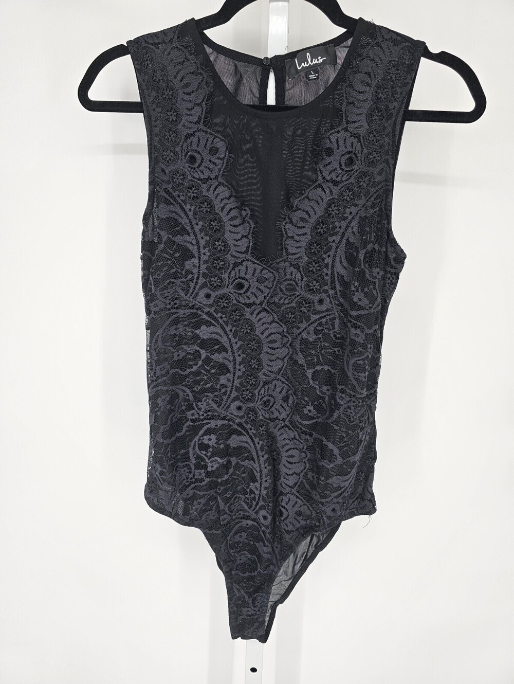Lulus Womens Sz L Sleeveless Bodysuit Sexy Black Lace